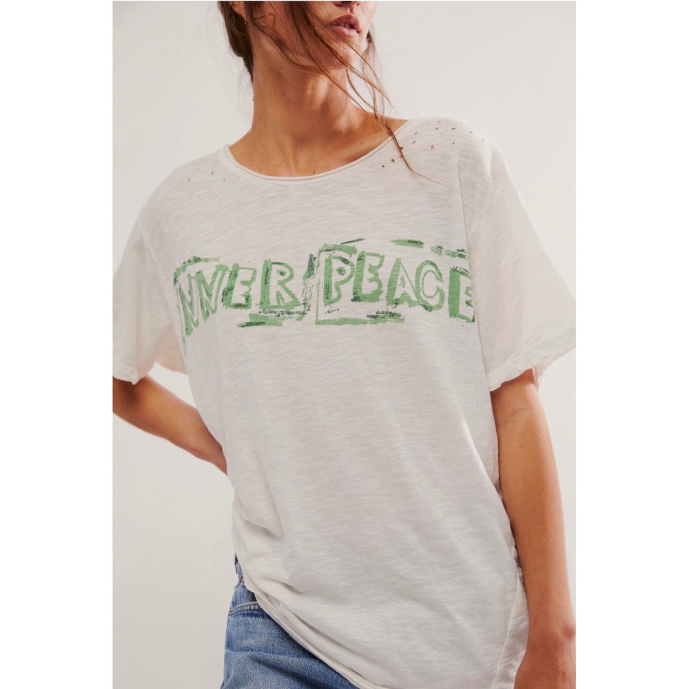 Magnolia Pearl Inner Peace Graphic Boyfriend Tee White Cotton O/S Distressed - Picture 2 of 8